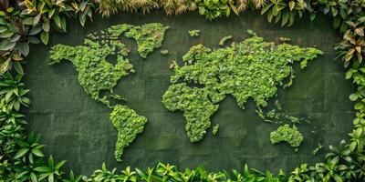 Green world map made of plants and moss surrounded by lush foliage on a dark background photo
