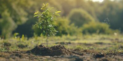 Young tree planted in soil with sunlight streaming through a blurred green background, representing growth and sustainability in nature photo
