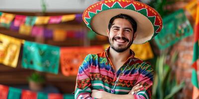 Smiling Mexican man in traditional clothing and hat, creating a joyful and festive atmosphere photo