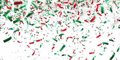 Festive red, green, and white ribbons and confetti scattered in the air on a white background photo