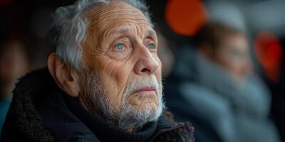 Portrait of an elderly man with blue eyes gazing into the distance, evoking wisdom, reflection, and a sense of calm and experience photo