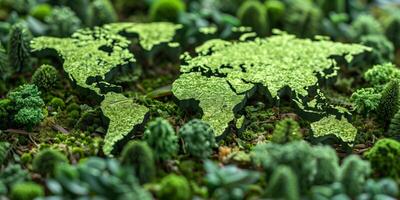 Green world map made of moss surrounded by lush plants and trees photo