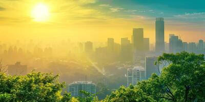 City skyline bathed in warm golden sunlight with trees in the foreground, showcasing a blend of urban development and natural greenery under a bright sky photo