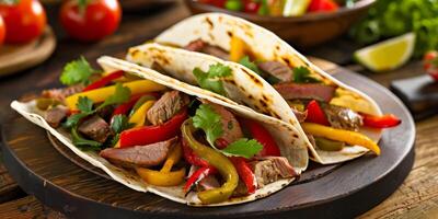 Three soft tortillas filled with grilled meat, bell peppers, and cilantro, placed on a rustic wooden platter photo
