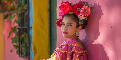 Mexican girl with a large flower wreath on her head standing on a city street, creating a vibrant and cultural scene photo
