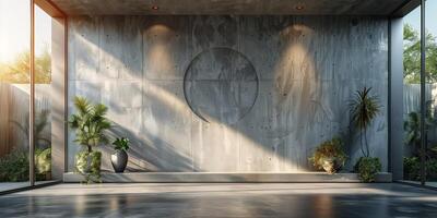 Futuristic interior with a concrete wall and tall windows, featuring minimalist design, natural light, and a modern, spacious atmosphere photo