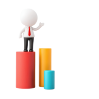 A small figurine with a white head and red tie stands on colorful cylindrical shapes, gesturing with one hand. png