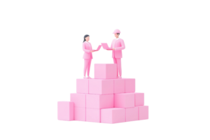 Two figurines in pink attire exchange an item while standing on a pyramid of pink blocks. png