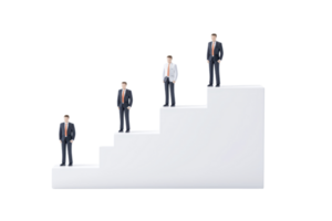 Four figures stand on ascending steps, symbolizing progress or achievement in a professional context. png