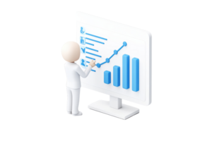 A figure in white attire points at a bar graph displayed on a monitor, illustrating data trends and analytics. png