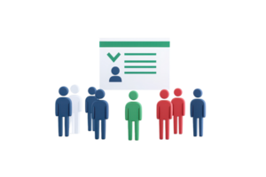A group of diverse figures stands in front of a displayed identification card, symbolizing identity verification and organization. png