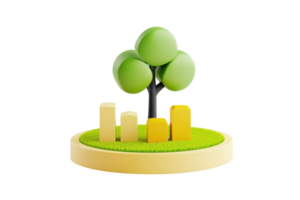 A stylized tree with green foliage stands on a circular base, accompanied by three yellow and beige geometric shapes. png