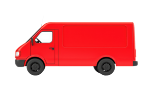 A bright red delivery van with a simple design and sturdy wheels, showcasing a functional and modern appearance. png