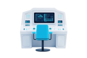A modern control panel featuring numerous buttons and a digital display, accompanied by a blue swivel chair. png