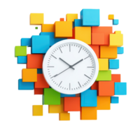 A colorful clock surrounded by vibrant geometric blocks, emphasizing time and creativity. png