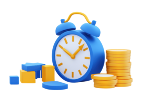 A colorful alarm clock surrounded by stacks of vibrant coins and geometric shapes, symbolizing time and financial concepts. png
