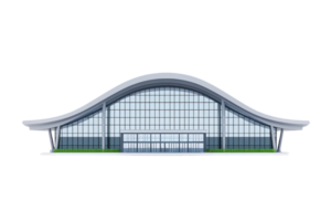 A modern architectural structure featuring a curved roof and large glass windows. png
