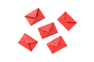 Five red envelopes arranged creatively, showcasing their vibrant color and distinct shape. png