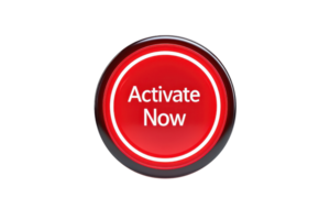 A round, red button featuring the text Activate Now in white, illuminated by a glowing ring. png