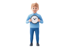 A cheerful character holds a clock, wearing a blue outfit, symbolizing time management and punctuality. png