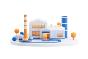 A stylized industrial facility featuring a factory, smokestack, and trees, characterized by bright colors and simplistic design. png