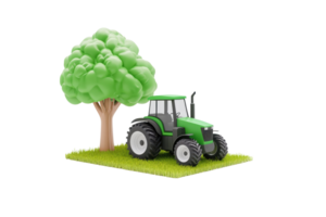 ein Grün Traktor positioniert Nächster zu ein stilisiert Baum, einstellen auf ein Patch von Gras. png