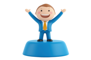 A cheerful figurine of a businessman in a blue suit with a yellow tie, standing on a blue base, arms raised in celebration. png