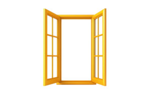 A bright yellow window with open shutters, showcasing a symmetrical design and a vibrant color. png