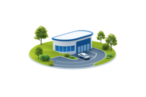 A modern building with a curved roof, featuring large windows and a driveway, surrounded by greenery. png