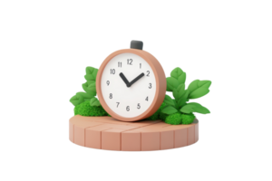 A round clock with a white face and black numbers, surrounded by green leaves, set on a circular wooden base. png