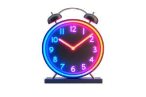A colorful, neon alarm clock with vibrant numbers and hands displaying the time. png