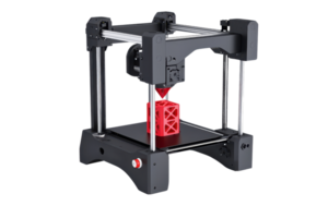 A compact 3D printer with a red object being printed in the center, highlighting its structure and precision in additive manufacturing. png