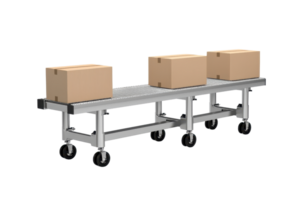 A metallic conveyor with three cardboard boxes positioned on top, designed for transporting goods efficiently. png