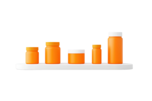 A collection of orange containers of varying sizes, arranged neatly on a white shelf. png