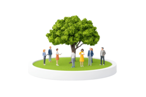 A group of diverse people gathered around a lush green tree on a circular platform, symbolizing community and connection. png
