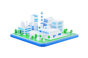 A miniature model of an industrial complex featuring buildings, a smokestack, and greenery, designed to represent a modern factory setting. png