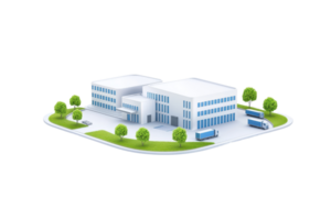 A modern building complex featuring multiple structures, greenery, and transportation elements, designed for functionality and aesthetics. png