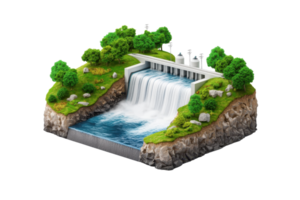 A detailed miniature model of a waterfall cascading down rocks, surrounded by lush green trees and a small dam structure. png