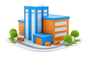 A colorful, modern building design featuring blue and orange elements with surrounding greenery and cargo boxes. png