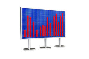 A digital display screen shows a bar graph with red bars on a blue grid background, illustrating data trends. png