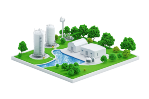 A miniature industrial scene featuring silos, a processing building, and trees surrounding a flowing water feature. png