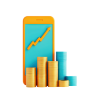 A smartphone with a rising graph displayed alongside stacks of coins, symbolizing financial growth and investment. png