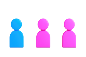 Three stylized figures in blue and pink, resembling simplistic human shapes, arranged in a row against a solid color. png