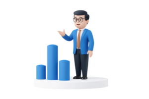 A stylized character in a blue suit stands next to ascending bar graphs, gesturing as if presenting data or insights. png