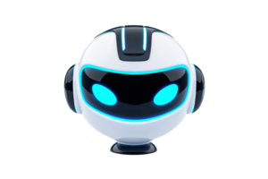 A futuristic robot head with glowing blue eyes and sleek design, showcasing advanced technology and a playful aesthetic. png