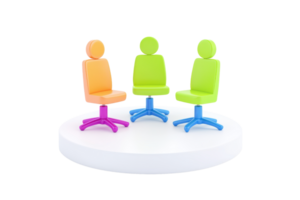 Colorful office chairs with playful designs, featuring rounded backs and wheels, arranged in a circular formation on a platform. png
