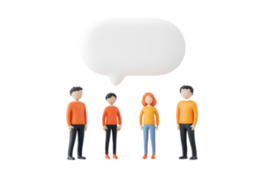 A group of four stylized figures engaged in conversation, with a speech bubble above them indicating dialogue or communication. png
