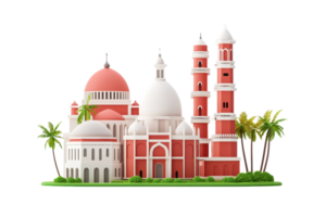 A colorful architectural structure with domes, towers, and palm trees, showcasing a blend of traditional and contemporary design elements. png