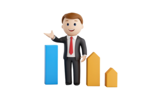 A 3D character in a suit presenting a bar chart with three colorful bars, indicating growth and success in a business context. png