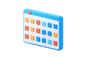 A digital calendar icon featuring a grid layout with colorful squares representing dates and events. png